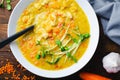 Lentil Soup, Homemade Vegetable Soup with Chicken and Herbs on Wooden Background, Healthy Eating Royalty Free Stock Photo