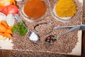 Lentil soup ingredients, curry spice, tomatoes, onion, sweet pepper on wooden board Royalty Free Stock Photo