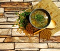 Lentil soup. Traditional dishes. Healthy food with herbs. Lunch. Top view, copy space.