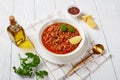 Lentil soup with vegetables and lemon wedges Royalty Free Stock Photo