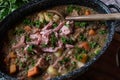 Lentil soup with vegetables, potatoes and pork meat in a pot Royalty Free Stock Photo