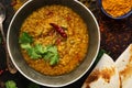 Lentil thick soup with pita bread on a dark rustic background with spices. Indian food. Top view, close-up Royalty Free Stock Photo