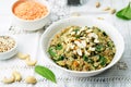 Lentils mushroom spinach quinoa with fresh spinach leaves and cashews Royalty Free Stock Photo