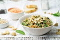 Lentils mushroom spinach quinoa with fresh spinach leaves and cashews Royalty Free Stock Photo