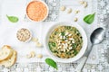 Lentils mushroom spinach quinoa with fresh spinach leaves and cashews Royalty Free Stock Photo