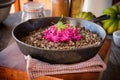 Lentils and rice dish with beet salad Royalty Free Stock Photo