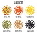 Lentils set with Red, Yellow, Green, Brown and Black lentils