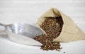 Lentils in small hessian bag with kitchen shovel