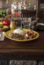 Lentils stew guiso with sauted chicken pollo saltado Peruvian comfort food buffet traditional table