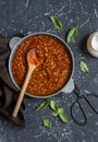 Lentils in tomato sauce in the pan. Vegetarian lentil bolognese Royalty Free Stock Photo