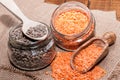 Lentils into two glass jars