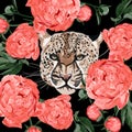 Graceful leopard and coral peony flowers. Savana cat. Elegant seanless pattern