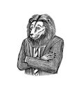 Leo character in a suit. Fashion lion man office worker. Animal in Retro Clothing. Vintage engraving style. Hand drawn