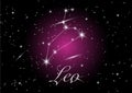 Leo zodiac constellations sign on beautiful starry sky with galaxy and space behind. Lion horoscope symbol constellation