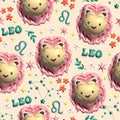 Leo Cute 3D illustration Zodiac signs seamless pattern , Zodiac icons astrological pattern Horoscope symbols Royalty Free Stock Photo