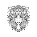 Leo girl portrait. Zodiac sign for adult coloring book. Simple black and white vector illustration. Royalty Free Stock Photo
