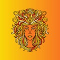 Leo girl portrait. Zodiac sign of fire. Doodle vector illustration.