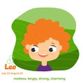 Leo. Kids zodiac. Children horoscope sign. Astrological symbols with cute baby face in cartoon style