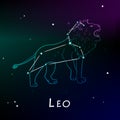 Leo Lion Zodiac Sign and constellation in front of dark starry space. Astrological vector illustration Royalty Free Stock Photo