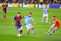 Leo Messi (left), Argentinean F.C Barcelona player, about to score a goal against Celta de Vigo at the Camp Nou