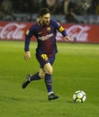 Leo Messi, player of the Barcelona football club with a ball during a match