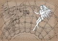 Leo. Tiny girl swinging in the bird`s cage. Hand drawn illustration