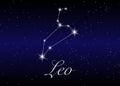 Leo zodiac constellations sign on beautiful starry sky with galaxy and space behind. Lion horoscope symbol constellation