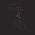 Leo zodiac glyph and magic hands. Vintage astrological symbols isolated on black. Gesture and zodiac sign. Vector