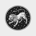 Leo Zodiac icon. Astrology horoscope with sign. Calendar template. Collection outline animals. Classic vintage style