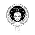 Leo zodiac sign artwork, adult coloring book page, beautiful horoscope symbol girl, vector illustration Royalty Free Stock Photo