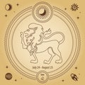 Leo Zodiac sign, astrological horoscope sign. Outline drawing in a decorative circle with mystical astronomical symbols.