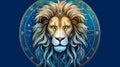 Leo zodiac sign in a circle on blue background with copy space. Royalty Free Stock Photo