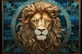 Leo zodiac sign, lion astrological design, astrology horoscope symbol of July August month background, animal head in stained Royalty Free Stock Photo