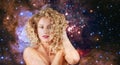 Leo Zodiac Sign on night sky background. Woman with wavy hair. Royalty Free Stock Photo