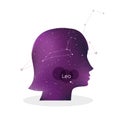 Leo zodiac sign. Woman portrait in profile. Horoscope symbol, linear constellation. Star universe texture. Vector illustration