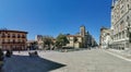 Panoramic view at the St. Marcelo square, Guzmanes Palace and Museo Casa Botines GaudiÂ­, tourist people visiting, Leon downtown