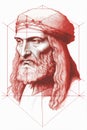 Leonardo da Vinci portrait, thin line of ink. felt-tip pen sketch. Royalty Free Stock Photo