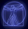 Leonardo Da Vinci's Vitruvian Man in a Blue Neon Tube, Quadratus, 3d rendering on black background