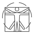 Leonardo Da Vinci Vitruvian Man thin line icon, science concept, Human body in circle and square sign on white