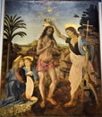 Leonardo`s painting, in which the baptism of Christ is represented, at the Uffizi museum in Florence.