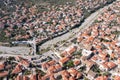 Leonidio, Arcadia, Peloponnese, Greece. Aerial drone view panoramic of town, dry Dafnon river bed