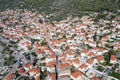 Leonidio, Arcadia, Peloponnese, Greece. Aerial drone view panoramic of town, dry Dafnon river bed