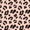 leopard animal skin seamless pattern. Watercolor hand drawn spots and wild cat fur rosettes on pink background.