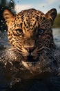 Closeup of a leopard face swimming in a river and rising from the surface of the water Royalty Free Stock Photo