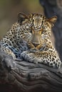 leopard with black spots is resting on a tree branch, its head on its paws, against a blurred background of trees and foliage, ai