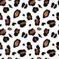 Leopard skin seamless pattern on white background. Watercolor hand painted cheetah endless print with brown and black spots. Royalty Free Stock Photo