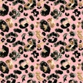 Leopard coat seamless pattern. Animal skin repeat print with brown and black spots on warm pink background.