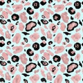 Leopard coat seamless pattern. Animal skin repeat print with pink and black spots on blue background.