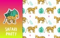 Leopard cute jungle animal character. Kids card template and seamless background pattern set. Hand drawn cartoon surface