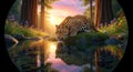 Leopard Drinking Water in the Forest at Sunset with Beautiful Reflection Royalty Free Stock Photo